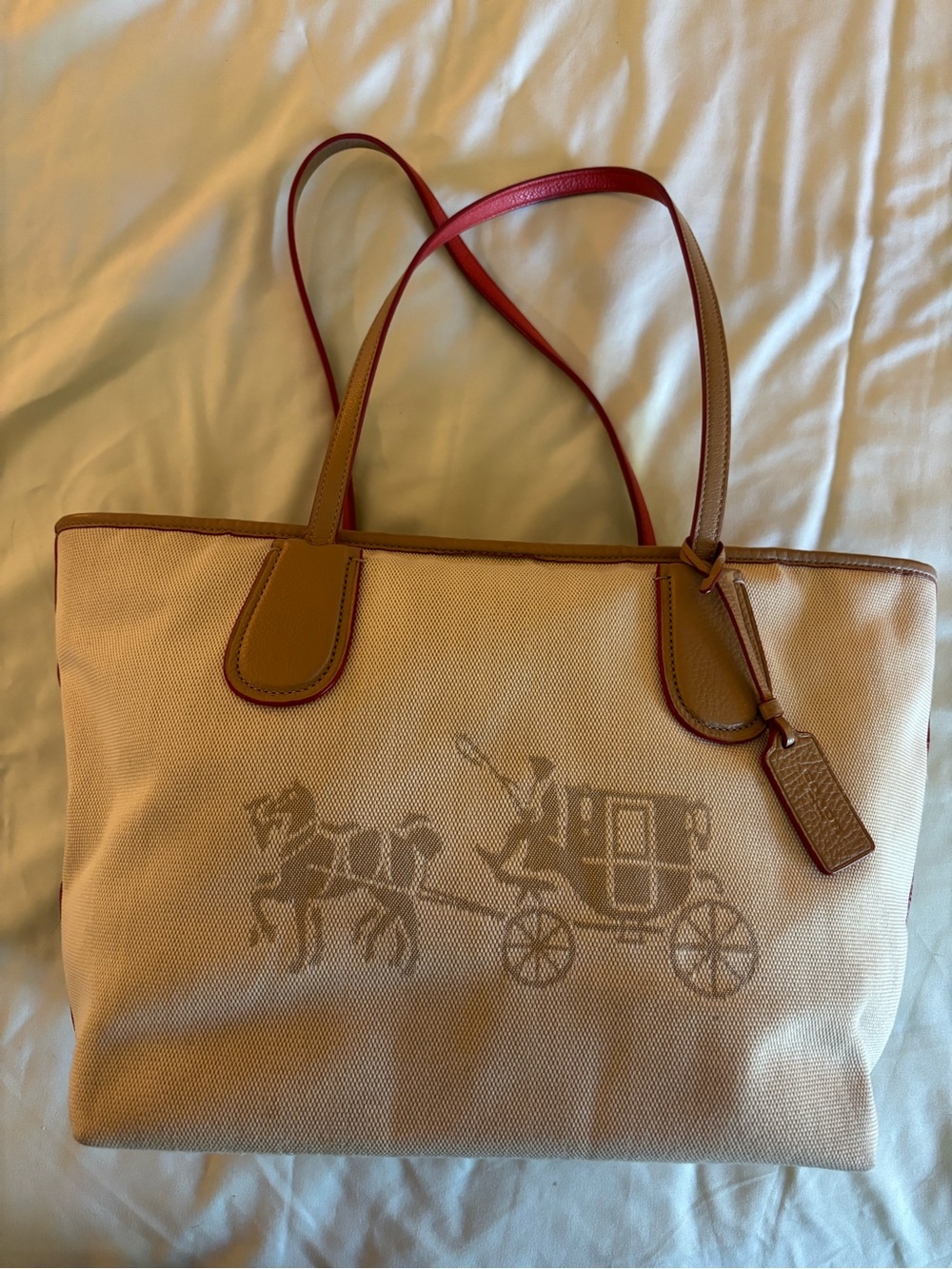 COACH Shoulder Zip Top Shopper Tote White Chalk HORSE CARRIAGE CANVAS - Picture 2 of 16